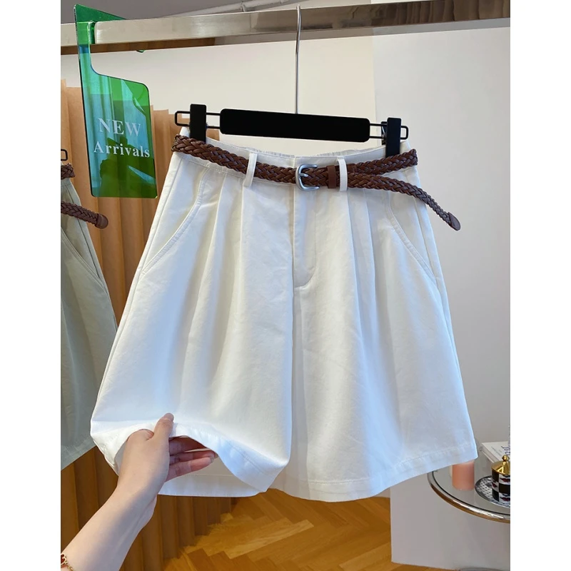 K6655白色a字版休闲中裤五分裤女夏季新款宽松百搭腰带阔腿裤短裤