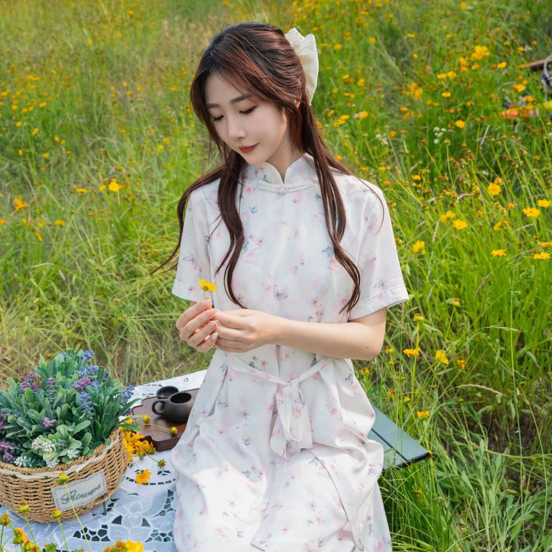 新中式中国风立领夏季印花连衣裙旗袍时尚少女碎花复古百搭设计感