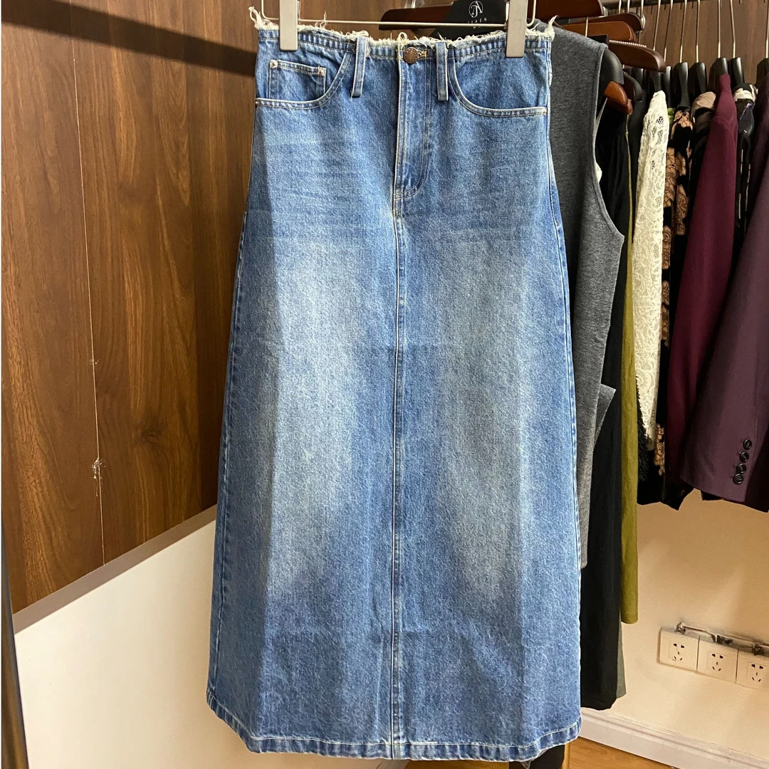 葭恩高腰显瘦洗水开叉牛仔半身裙0738