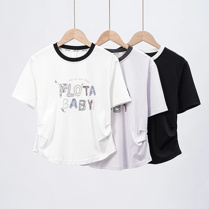 2025轻薄彩色字母收褶短袖印花圆领设计感T恤百搭户外时尚