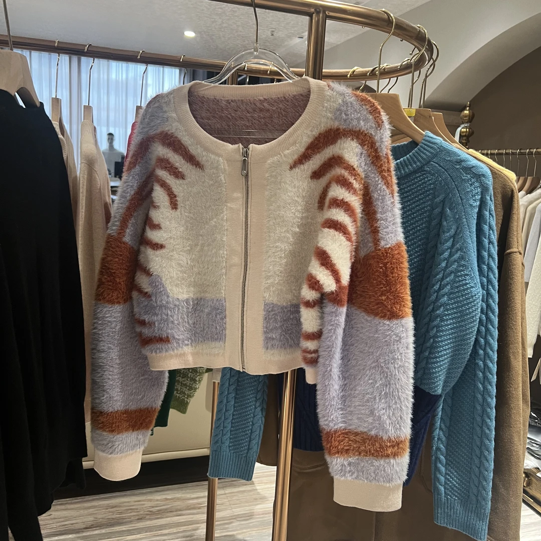 针织长袖设计师款秋冬拉链拼色外套