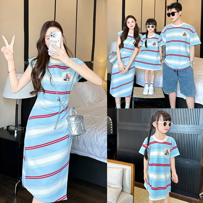 新款高端亲子装夏季一家三口母子母女短袖T恤条纹简约连衣裙8822