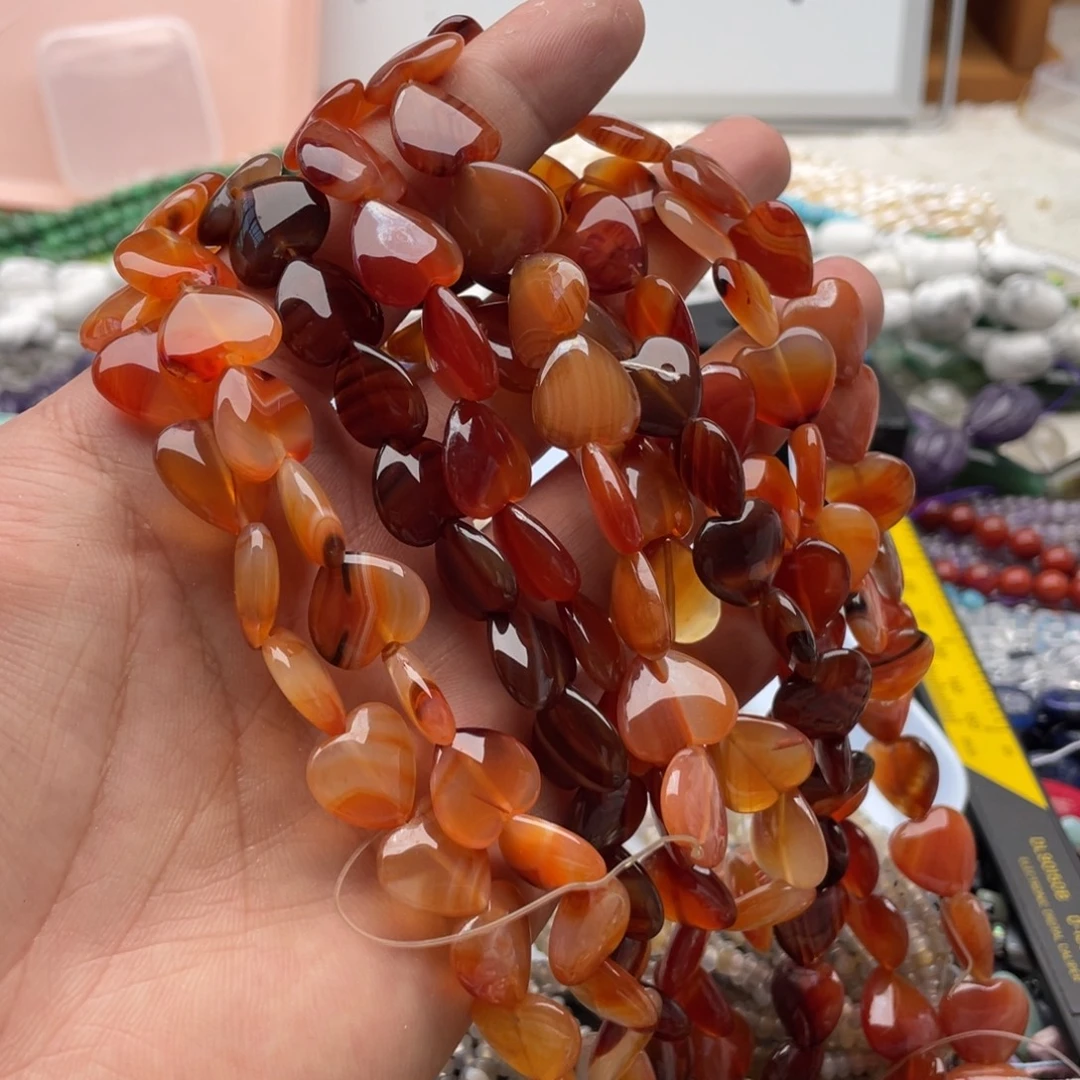 玛瑙/玉髓合金珠宝半成品一条装红缠丝玛瑙爱心14*13mm