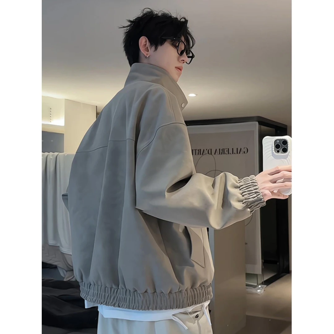 美式复古pu皮立领工装外套男款春秋季痞帅防水夹克扎染机车棒球服