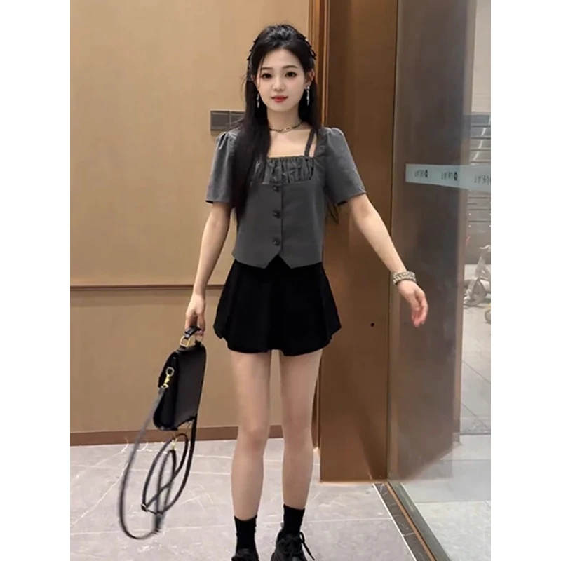 小个子法式套装女条纹短袖上衣大方得体穿搭一整套新款黑色半身裙