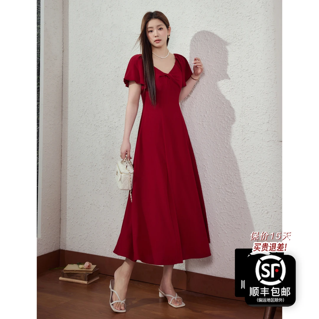 蓝语大码胖mm法式红色订婚礼服连衣裙2025夏季花苞袖显瘦a字长裙