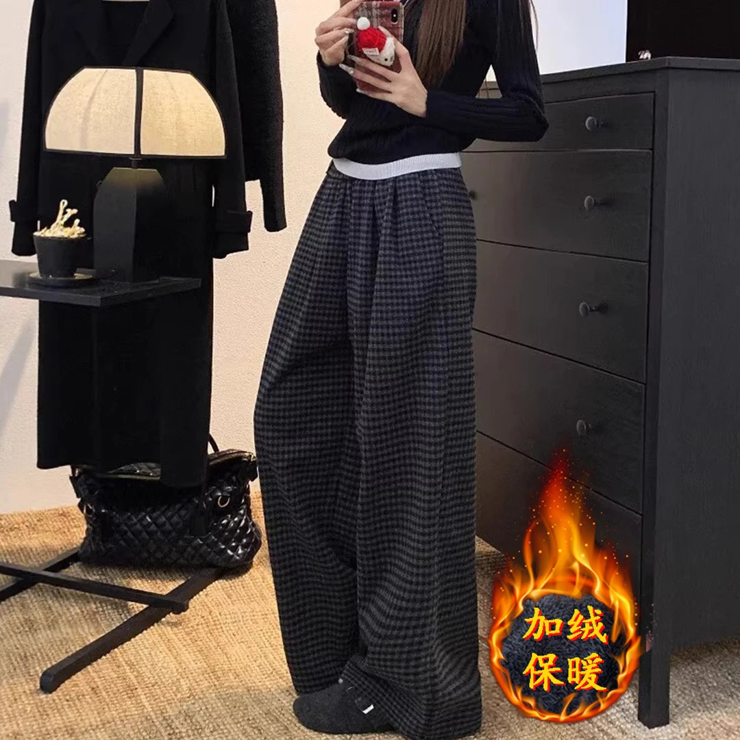 慵懒风复古格子休闲裤女2025秋季新款阔腿裤大码胖mm遮胯显瘦裤子