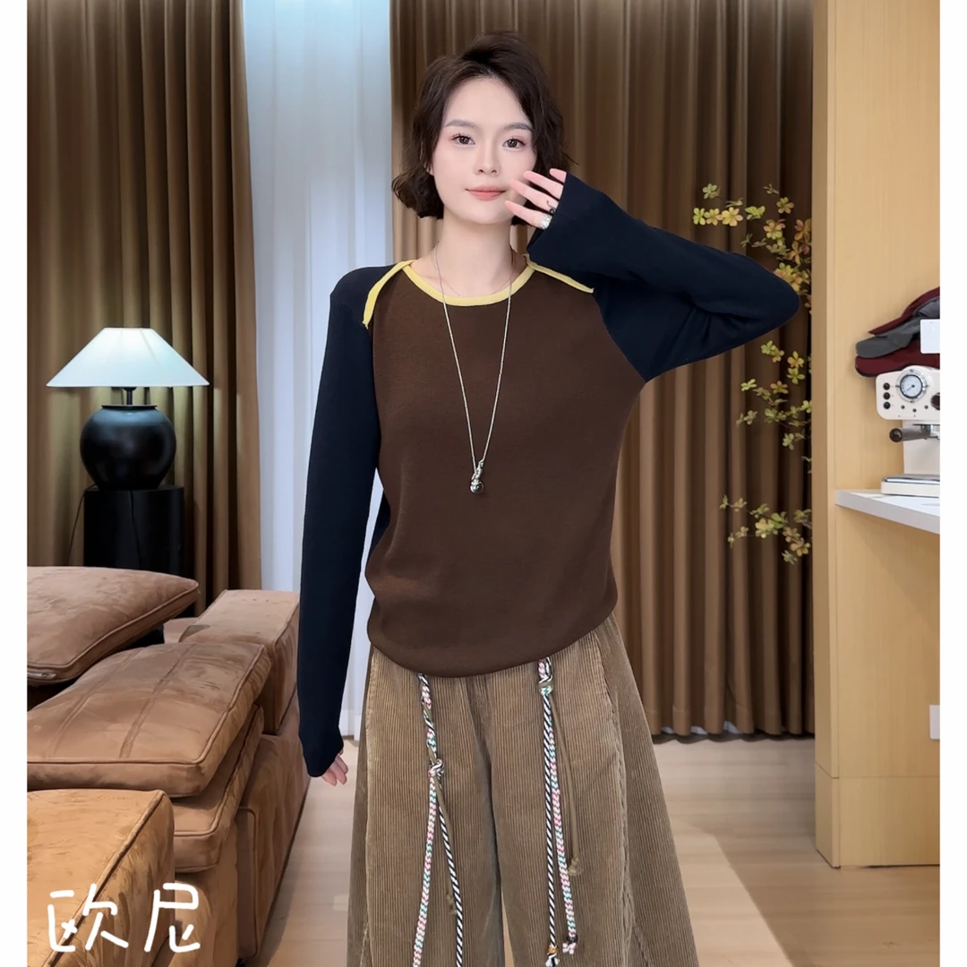 欧尼私服 2025早秋新款拼色圆领长袖打底休闲百搭T恤2509C5751