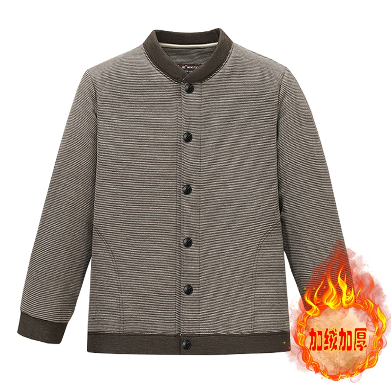 冬季中老年驼绒棉衣夹克棉袄宽松爸爸加厚棉服条纹爷爷棉外套居家