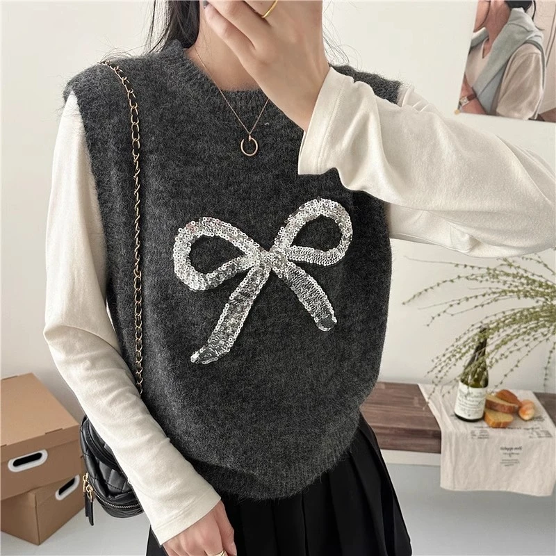 【衣朵设计】洋气圆领百搭复古套头春秋女装马夹透气亮片蝴蝶结马甲