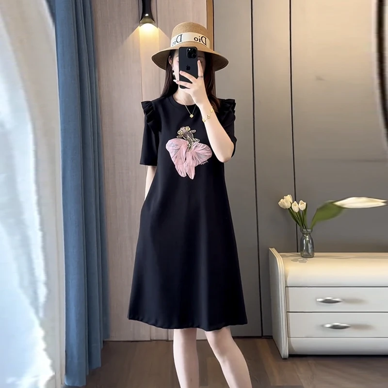 欧货高端大码宽松设计感体T恤中长裙夏季新款短袖遮肉时尚连衣裙