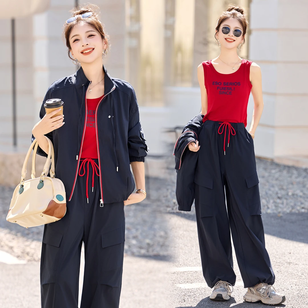 休闲时尚撞色工装套装女2025春秋新款设计感字母背心阔腿裤三件套