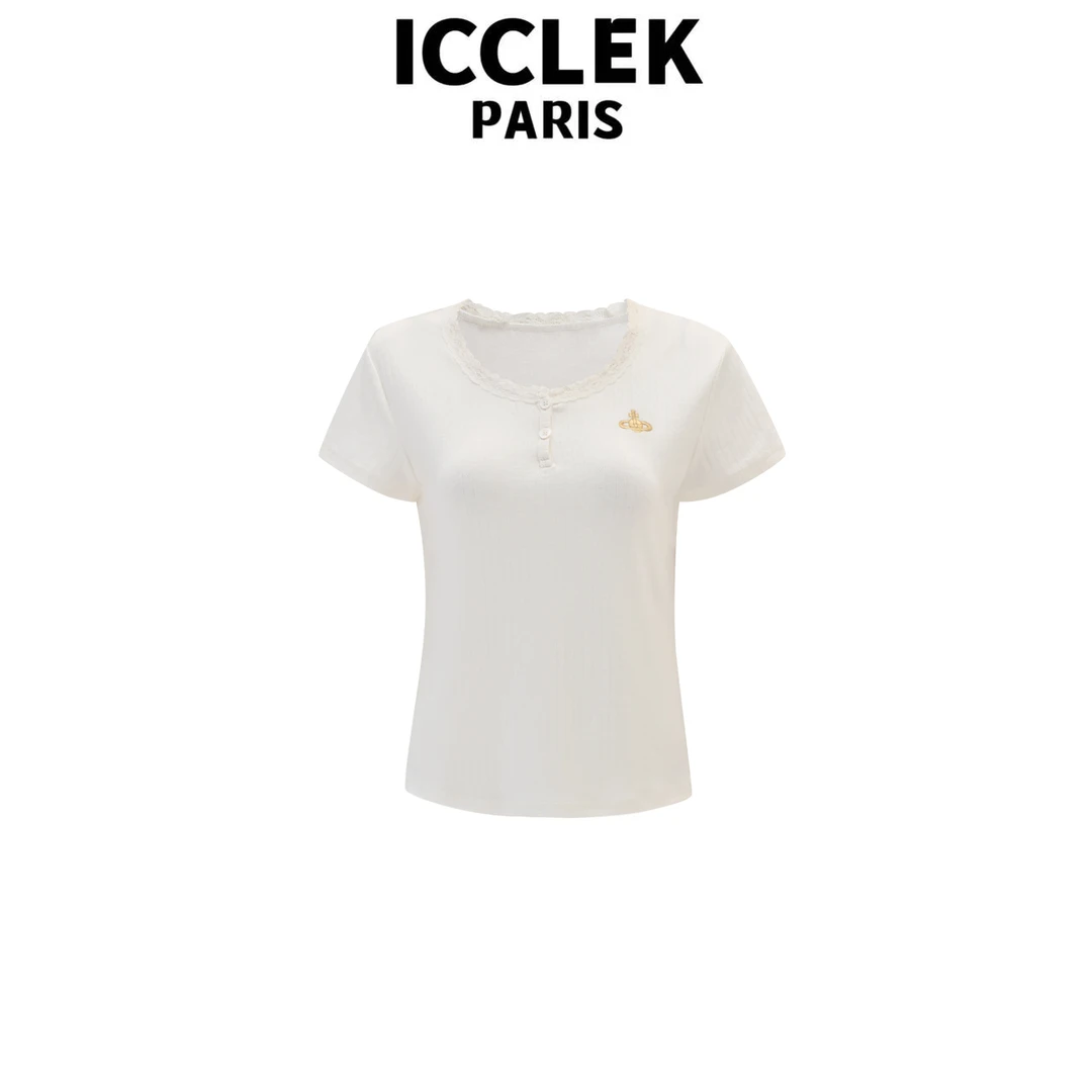 ICCLEK 白色圆领刺绣短袖针织衫百搭时尚减龄气质夏季上 衣-5566