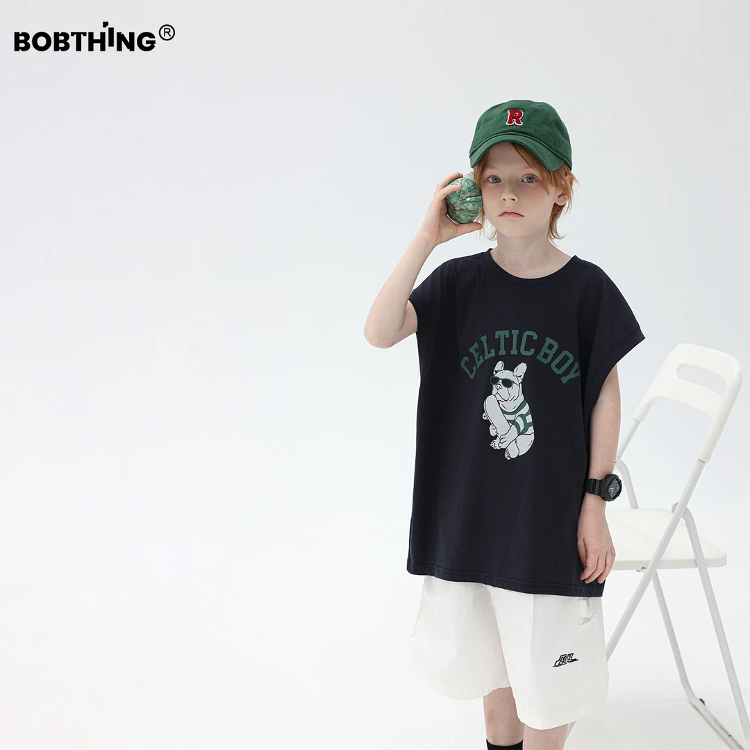 男童夏装绿字母狗狗印花背心2025新款儿童无袖t恤衫潮牌童装体恤