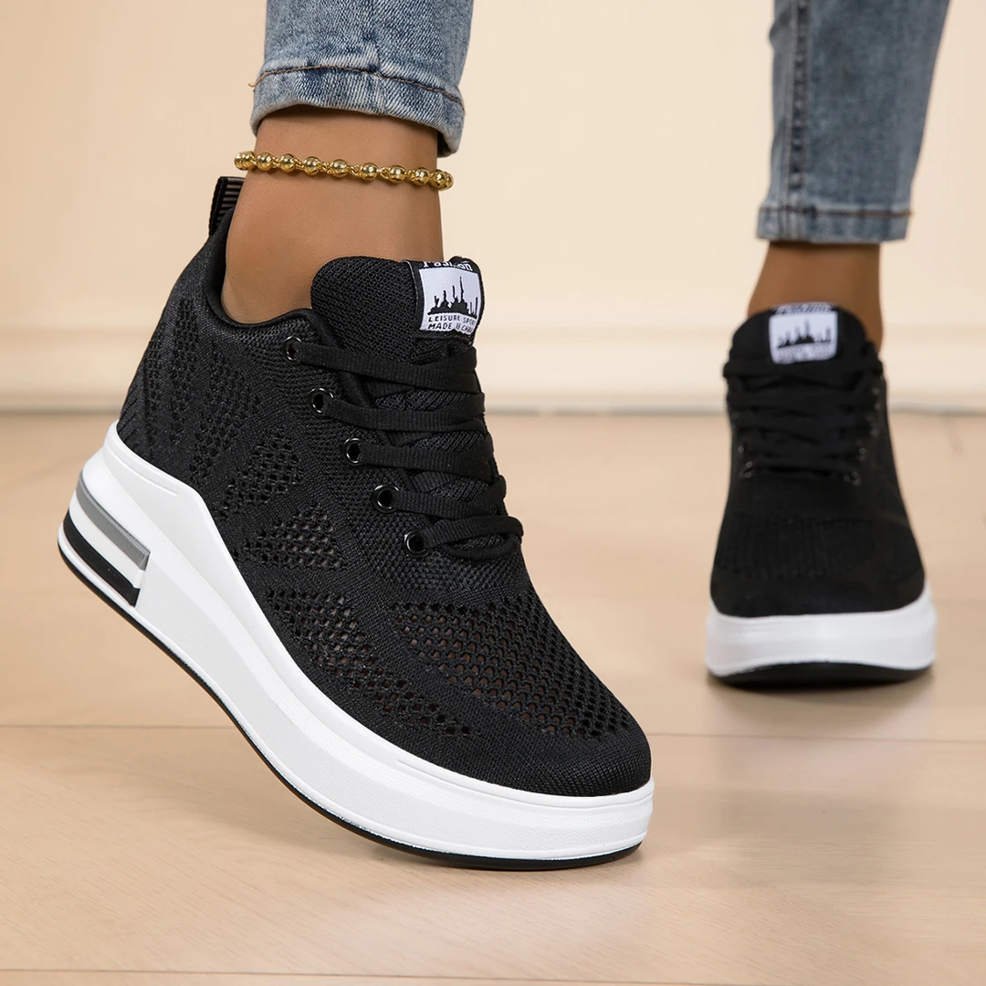 透气网面内增高女鞋8cm小个子松糕厚底气垫超轻运动小白鞋显脚小