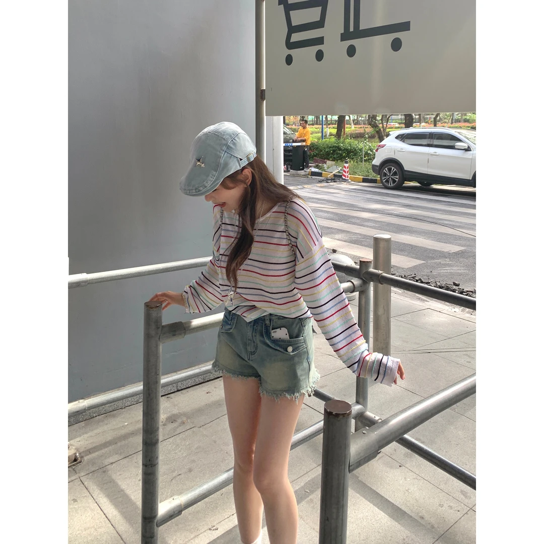 切糕自制【岛屿泡泡】小个子春夏出行日常通勤防晒长袖条纹针织衫