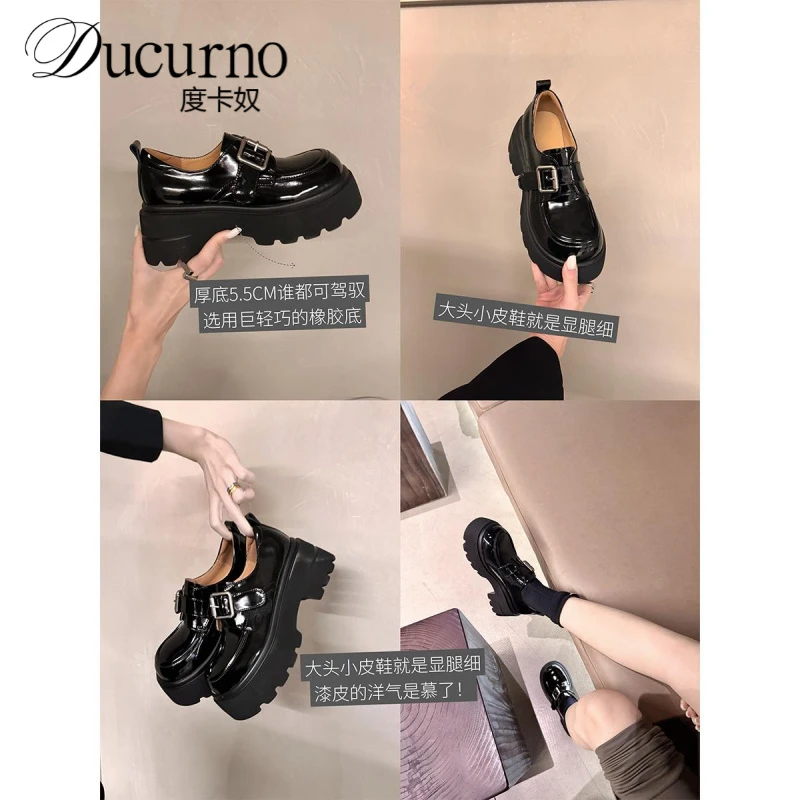 秋季新英伦风格增高小皮鞋厚跟厚底乐福鞋牛皮皮鞋漆皮洋气女鞋