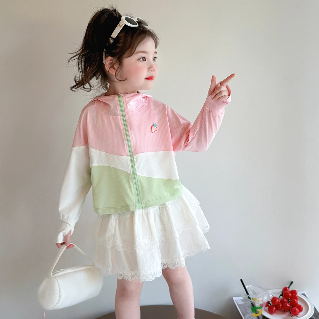 女童夏季连帽防晒衣2025新款儿童运动拼色防晒服宝宝轻薄外套户外