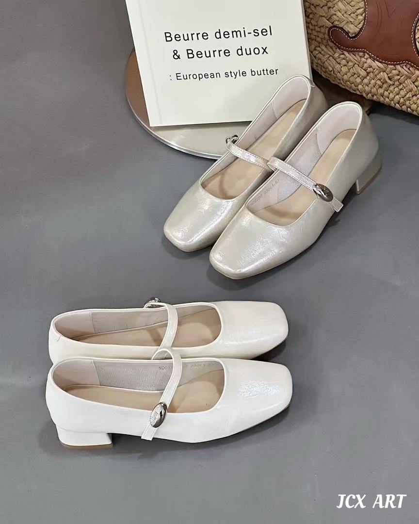 姬纯希低跟浅口方头耐磨法式软皮单鞋圆头平底一字带夏季