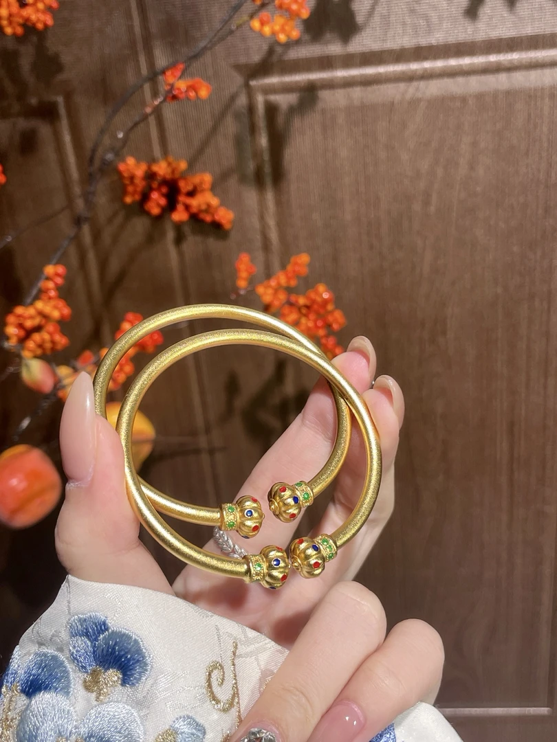 足银手镯 足银999时尚复古珐琅彩七彩南瓜开口手镯镯子轻奢百搭