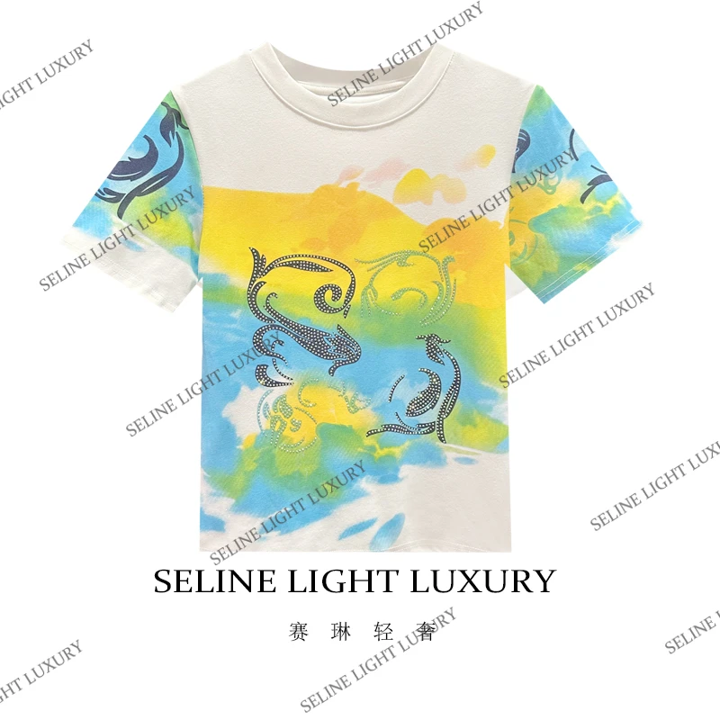 【25C-107】太  2025 SELINE 气质撞色图腾烫钻印花百搭圆领短袖T恤