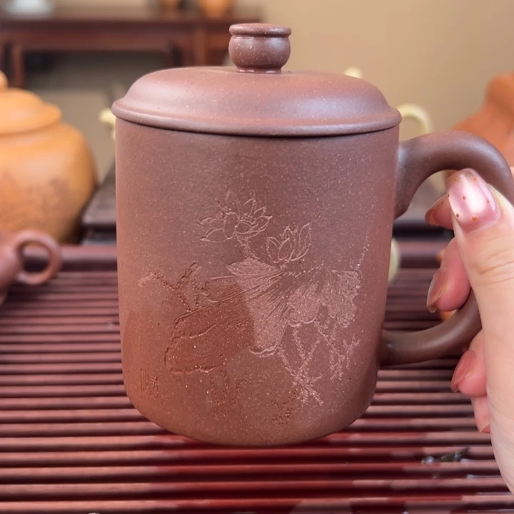 紫砂茶壶底槽清刻绘盖杯