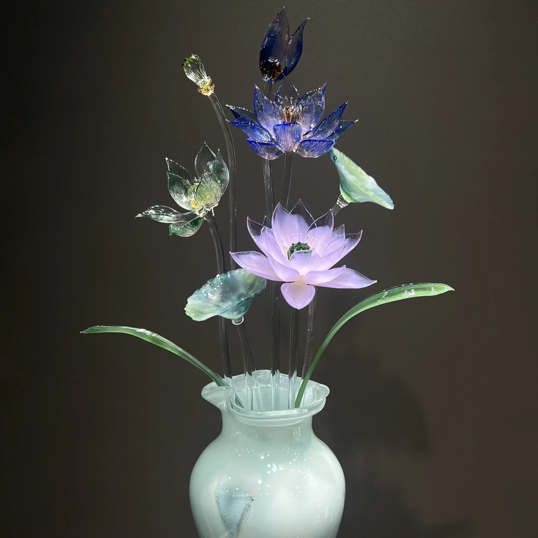 琉璃荷花玄关客厅茶桌导台摆件高端礼品轻奢手工