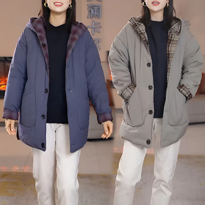 2025秋冬新款气质休闲百搭保暖棉服设计感双面穿加厚连帽棉衣外套