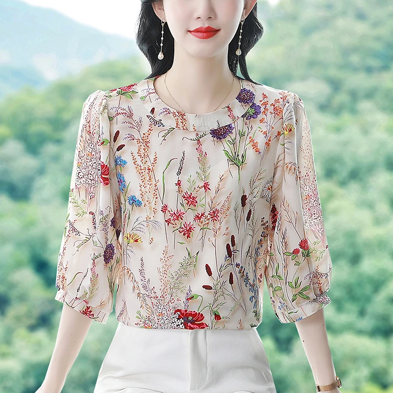 2025夏季新款碎花雪纺衫时尚减龄印花七分袖小衫