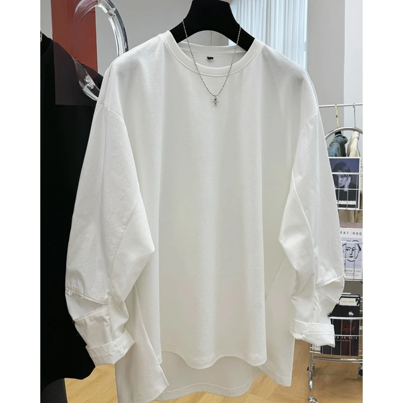 2025独特别致衬衫长袖拼接宽松圆领T恤女春秋款超好看打底衫上衣