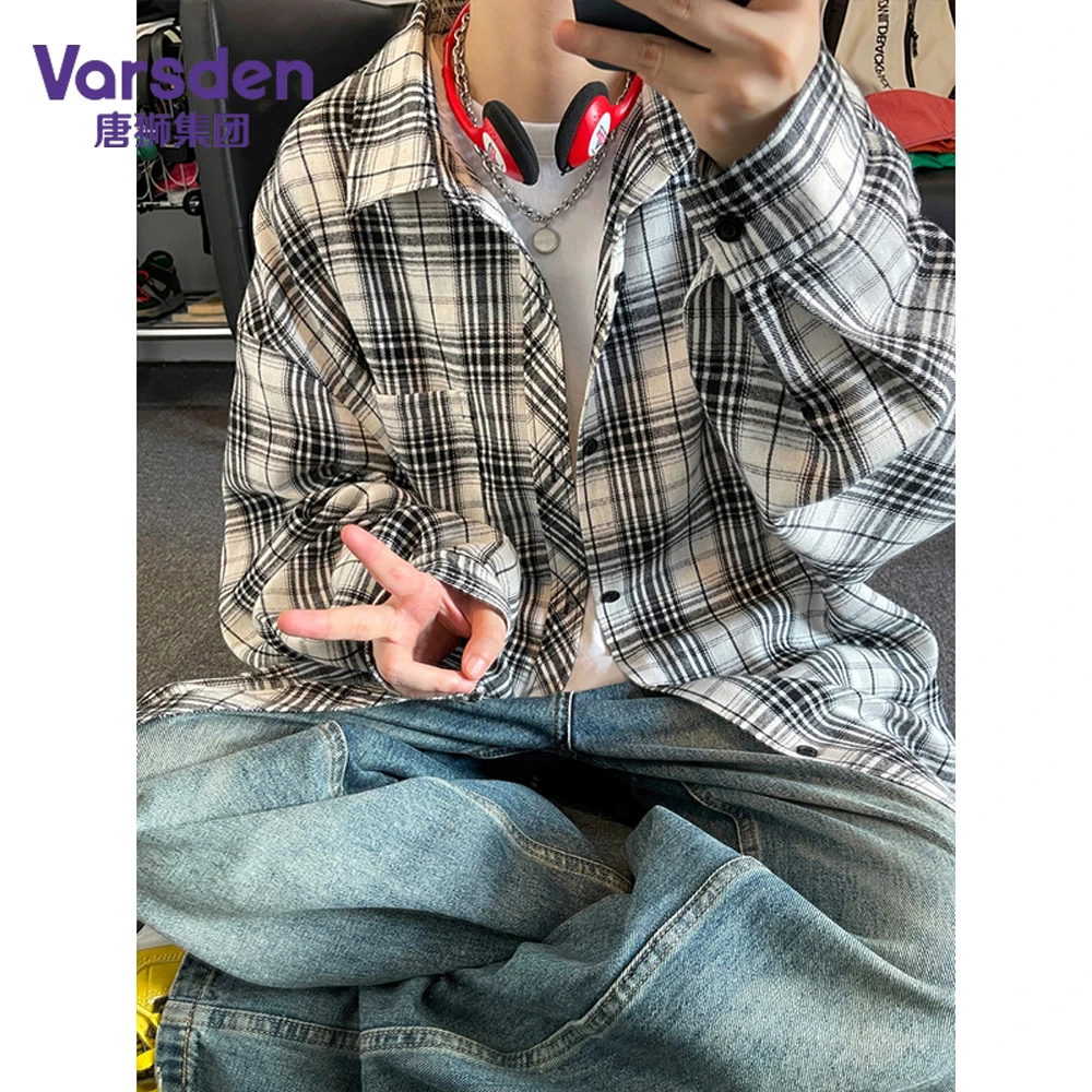 唐狮集团Varsden宽松休闲秋季长袖格子衬衫百搭宽松基础款上衣男