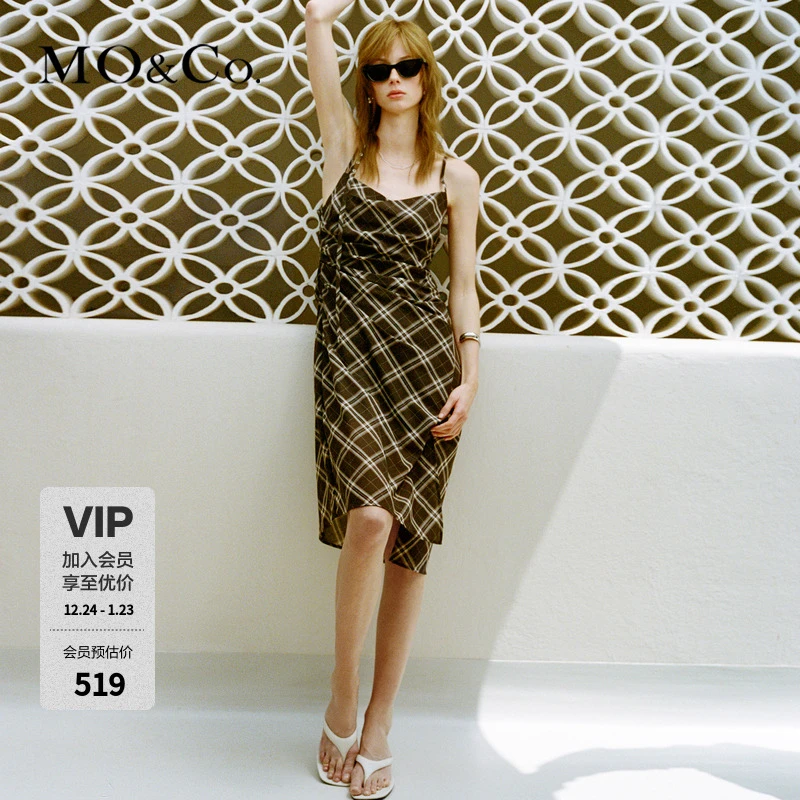 MOCO收腰不规则斜裁格纹连衣裙MBD3DRS014