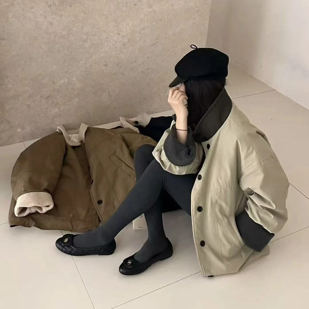 WM0716欧货立领羔羔毛绒风衣外套女冬季新款宽松加厚中长款上衣