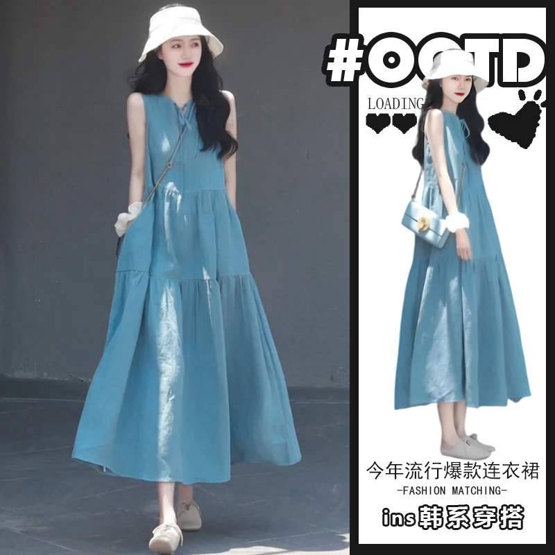 茶歇法式连衣裙女夏季慵懒气质显瘦温柔设计感无袖中长款裙子