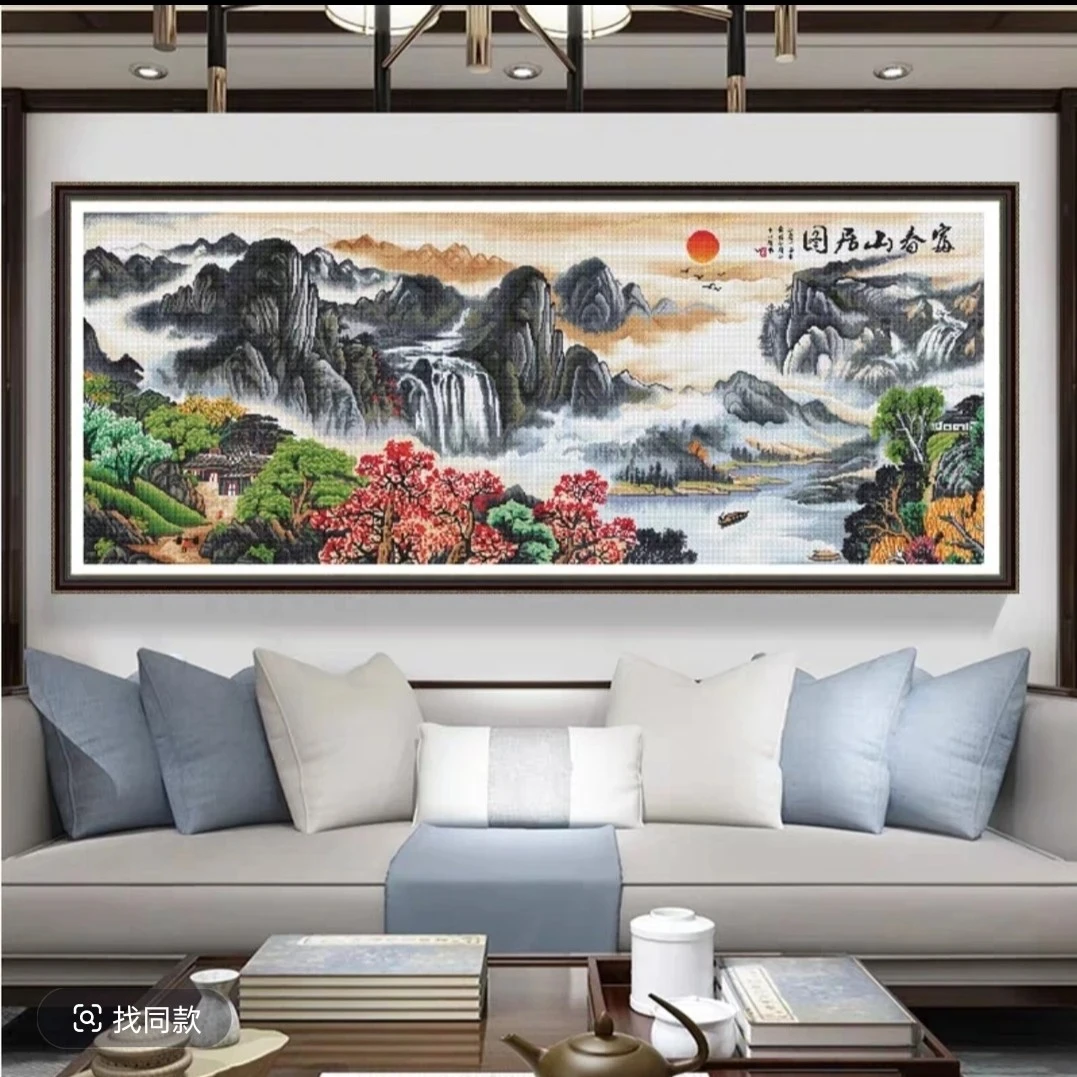 1.9中纯手工绣好十字绣成品富春山居图观山听瀑客厅挂画