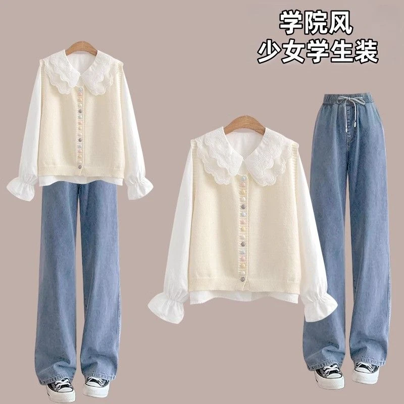 小清新甜美娃娃领初中高中学生春秋季2025年新款三件套学院风女孩