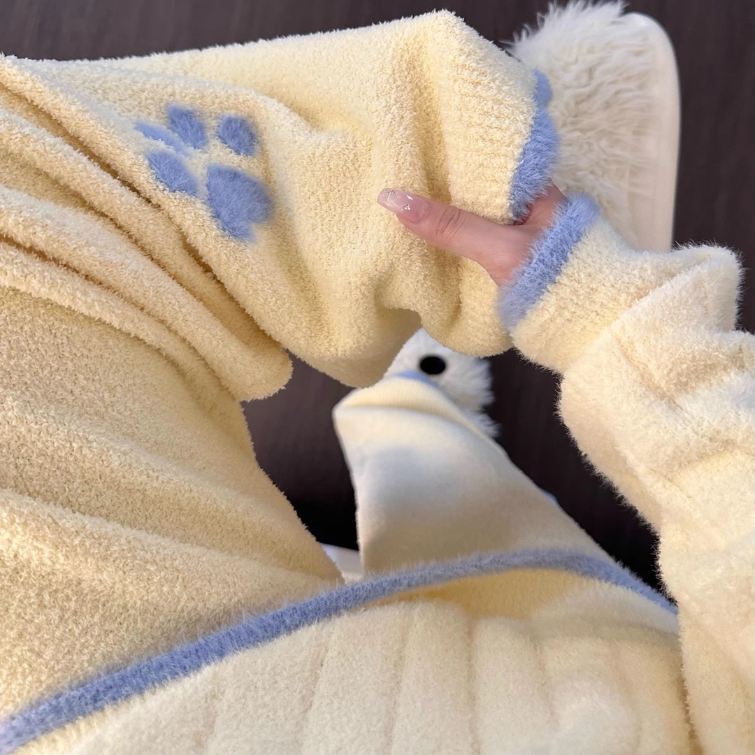 韩系半边绒睡衣女冬季保暖加绒加厚长袖长裤宽松家居服套装可外穿