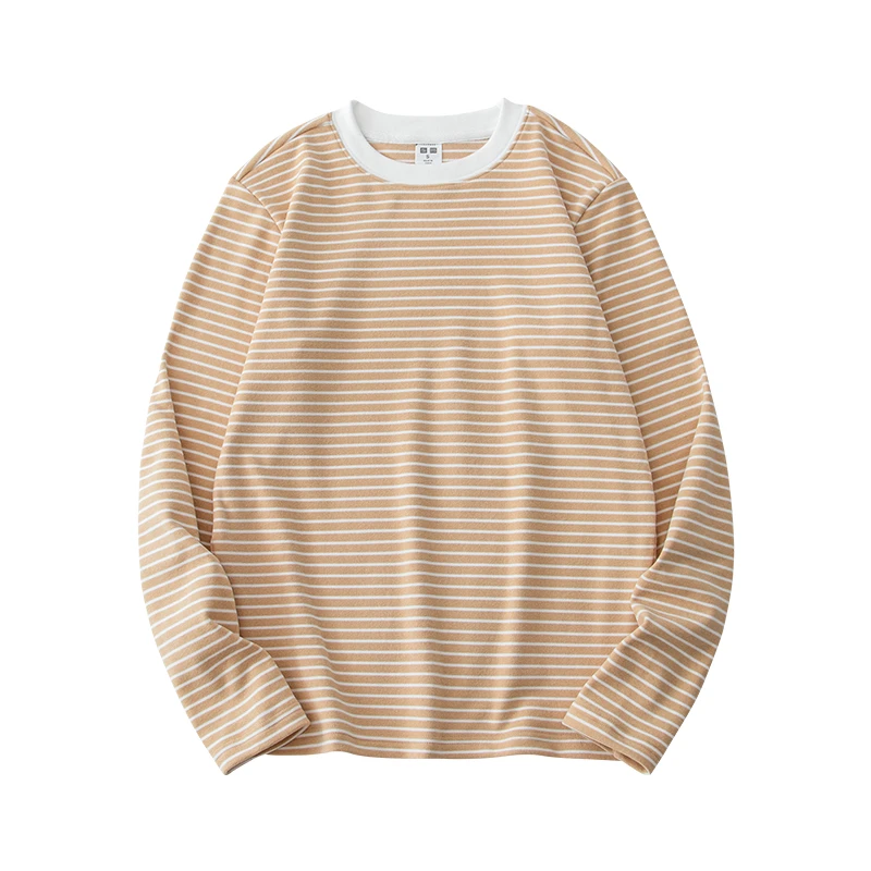 hd【打底系列】杏白条纹 保暖双面绒圆领长袖 百搭男女同款