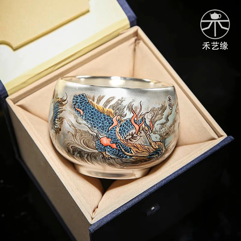 【大师级】周鸿杰手工鎏银四神兽主人杯描金茶杯家用高档品茗单杯