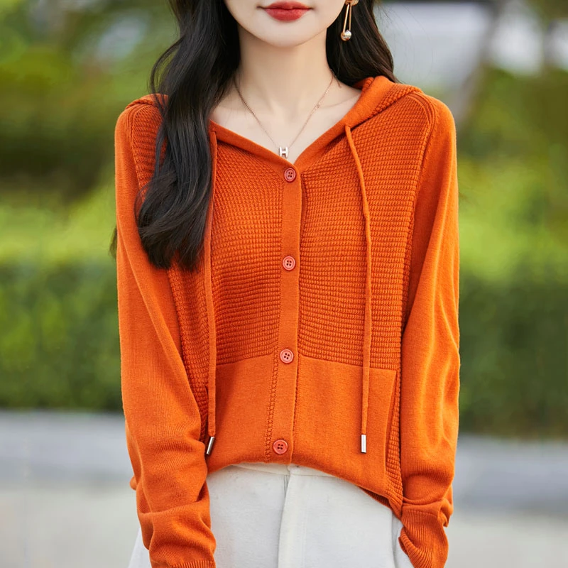 薄款羊毛针织开衫女连帽宽松休闲显瘦毛衣外套春秋纯色带兜上衣