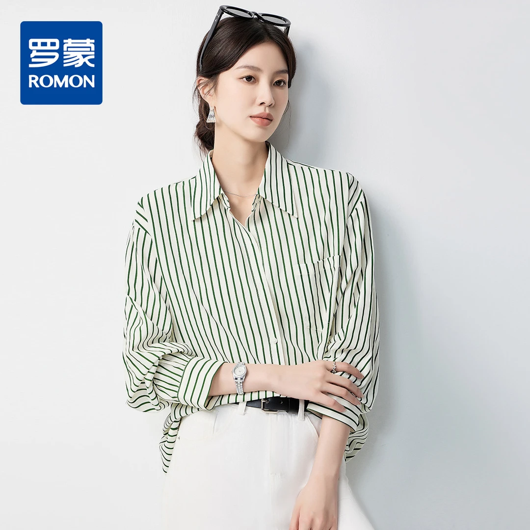罗蒙春夏条纹长袖衬衫女士宽松显瘦日常休闲百搭衬衣上衣开衫外套