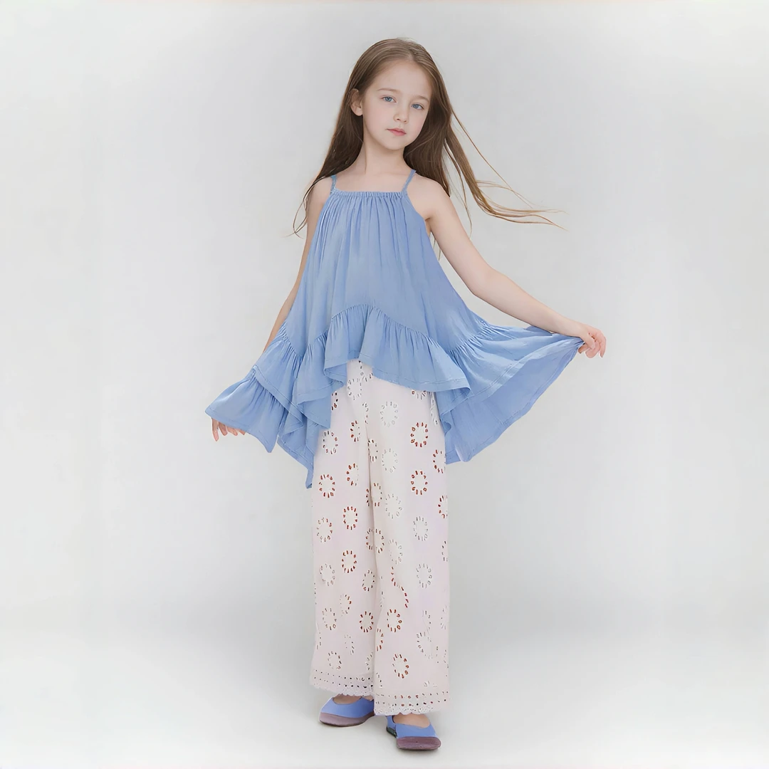 夏季女童休闲套装2025新款儿童蓝色吊带上衣镂空提花防蚊裤两件套