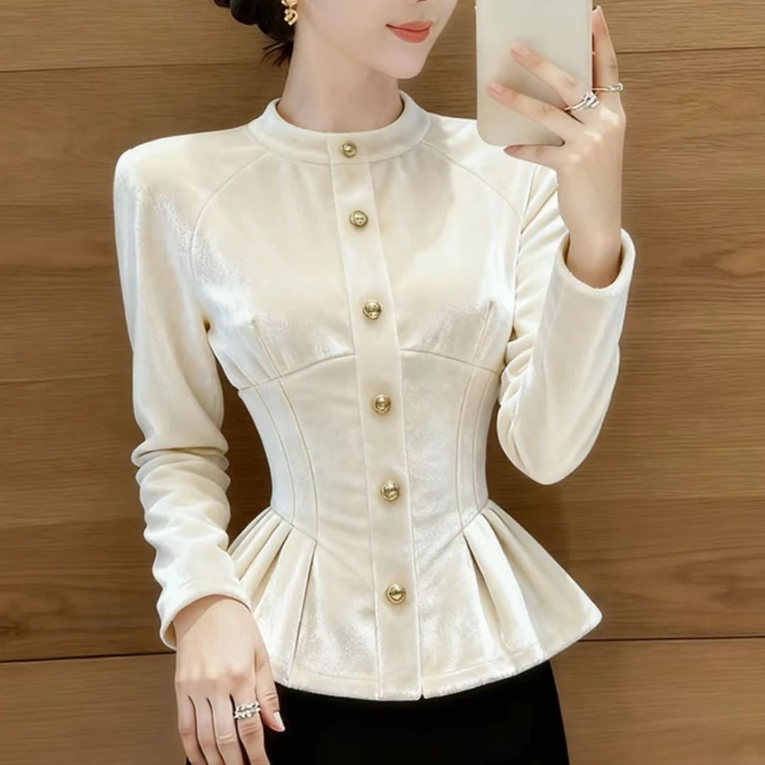 法式气质白色立领丝绒长袖衬衫女2025秋冬新款漂亮气质掐腰上衣服