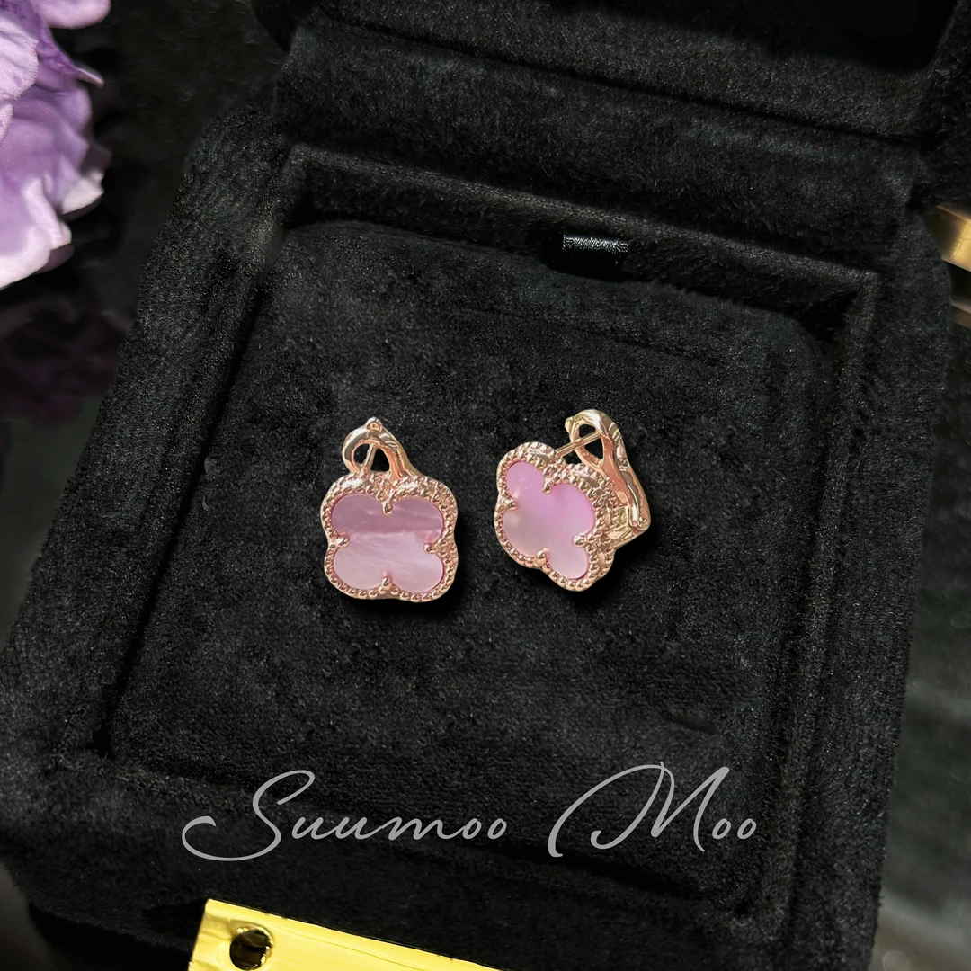 铜合金合成锆石耳饰 【V金】法式时尚粉色贝壳幸运草耳环经典单花