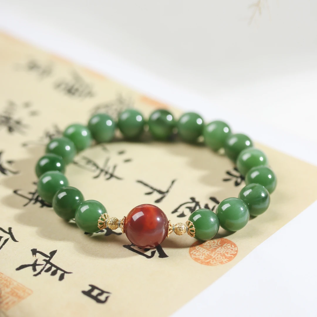 【知否】冰底菠菜绿带猫眼10mm＋火焰纹南红单圈手串