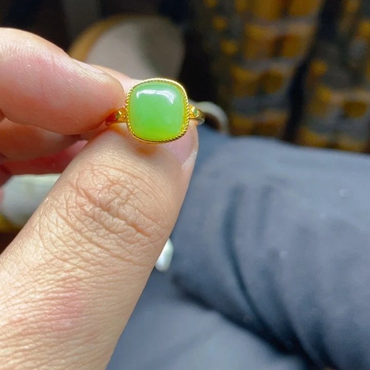 和田玉（碧玉）戒指银S925镀金镶嵌