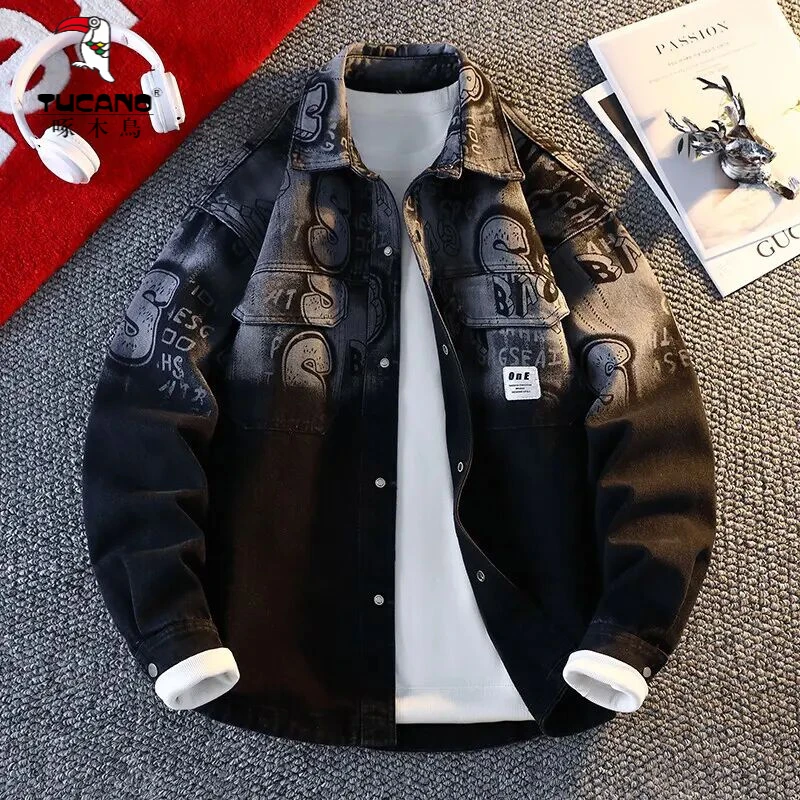 啄木鸟渐变色牛仔外套男春秋款休闲宽松翻领夹克男青少年帅气工装