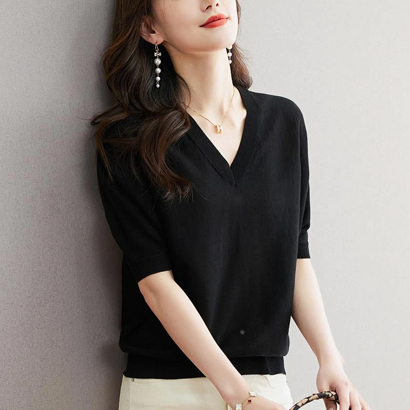 大码天丝针织短袖t恤女夏季2025新款胖妹妹遮肚子v领薄款冰丝上衣