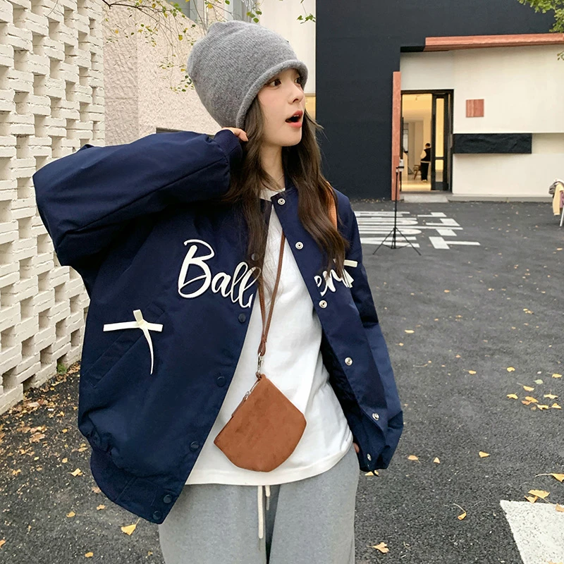 藏深蓝色刺绣棒球服外套2025新款女春韩版甜酷拼接高级感夹克上衣