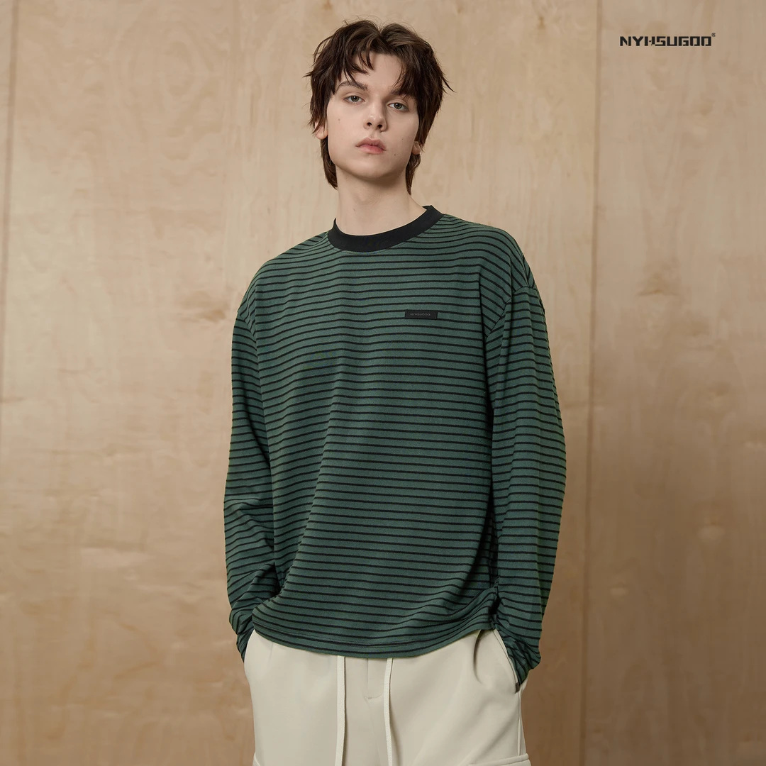 NYHSUGOO/南乙3458春季新品情侣立体拼色长袖T恤男士百搭上衣